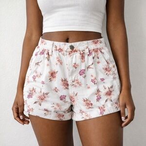 American Eagle Floral Shorts High Rise Tailored Cuffed Cotton White Pink Size 00